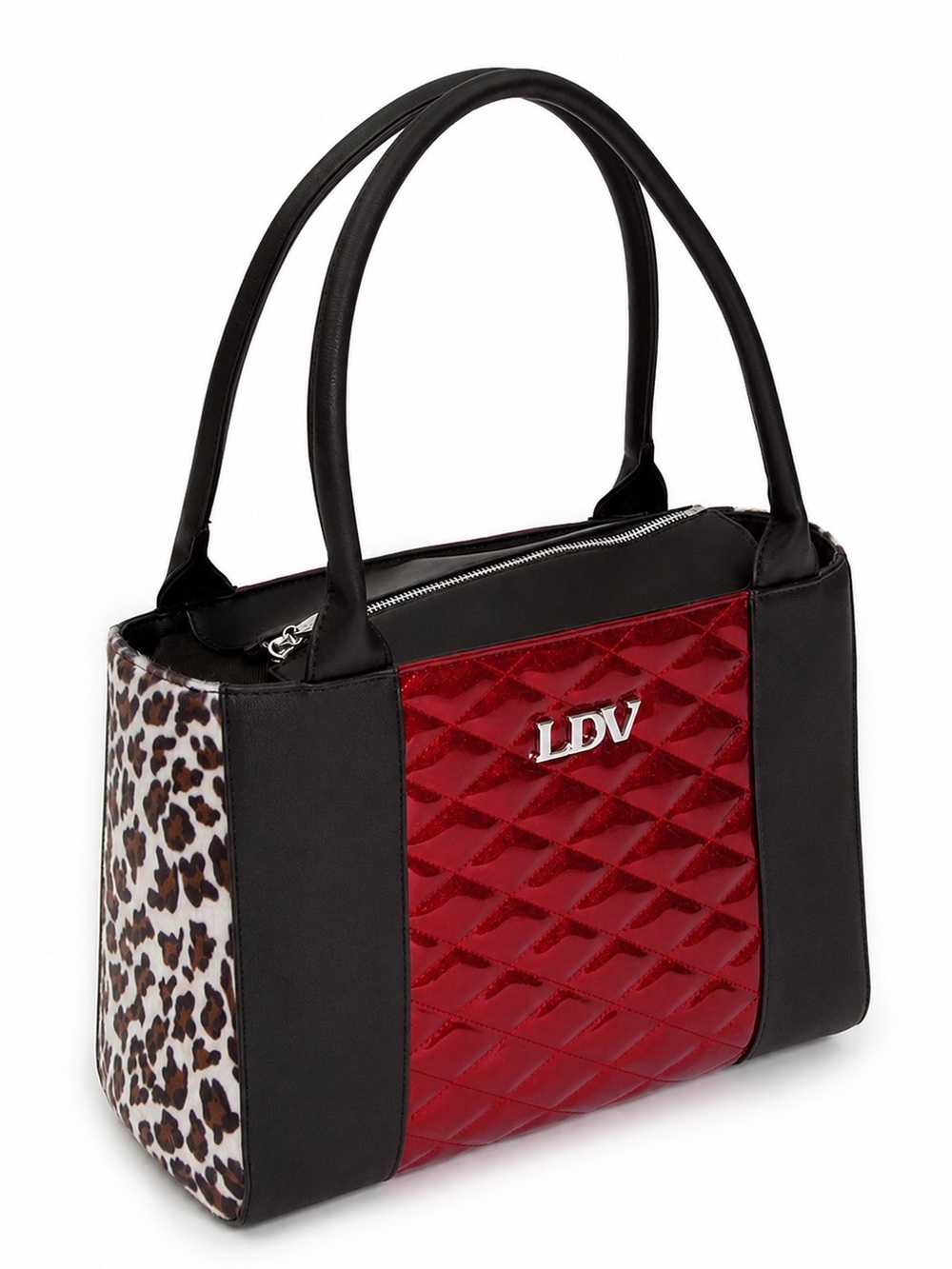 Lux De Ville LDV Cha Cha Tote Black Matte with Crimson Red Sparkle and Leopard